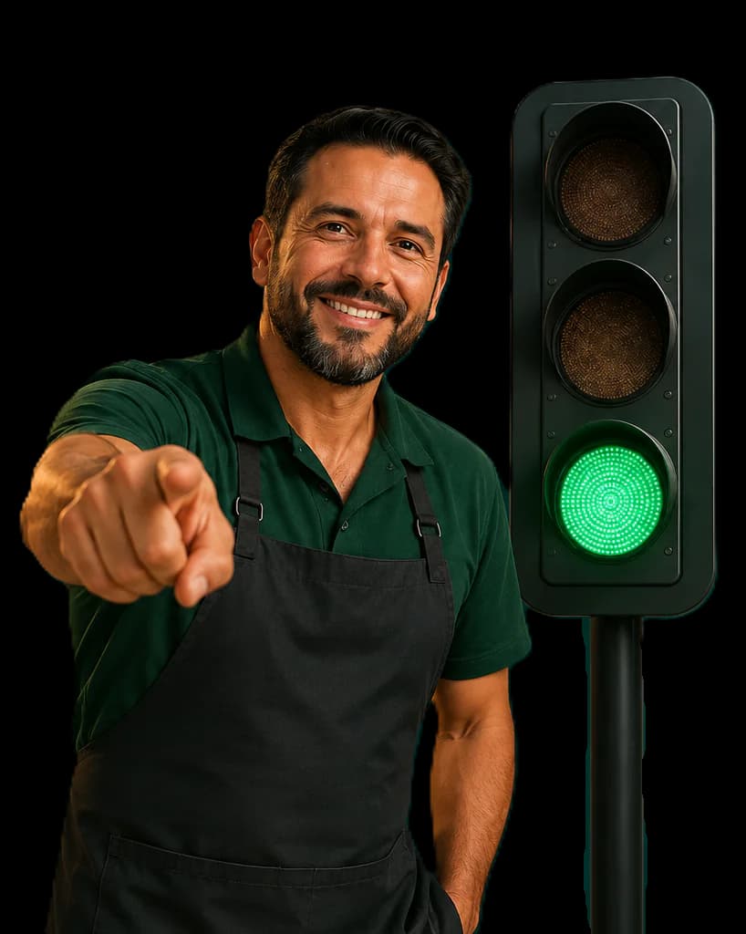 Microempresario junto a un semáforo en verde, invitando a comenzar el diagnóstico