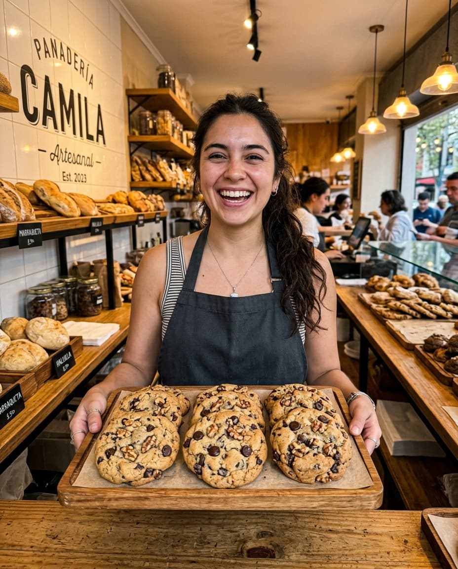 Camila en su panadería artesanal mostrando una bandeja de galletas estilo NY