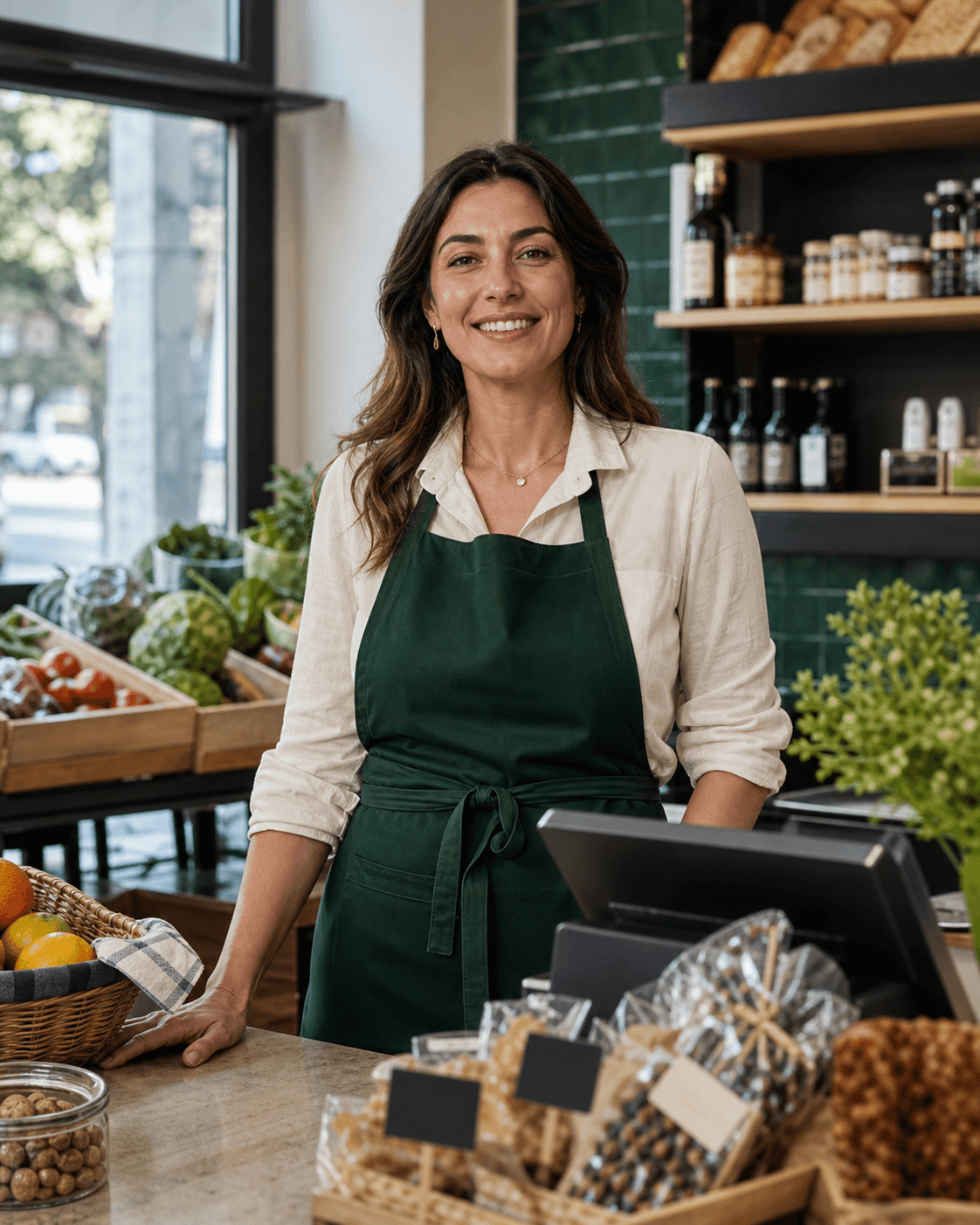 Francisca atendiendo su almacén gourmet de productos naturales